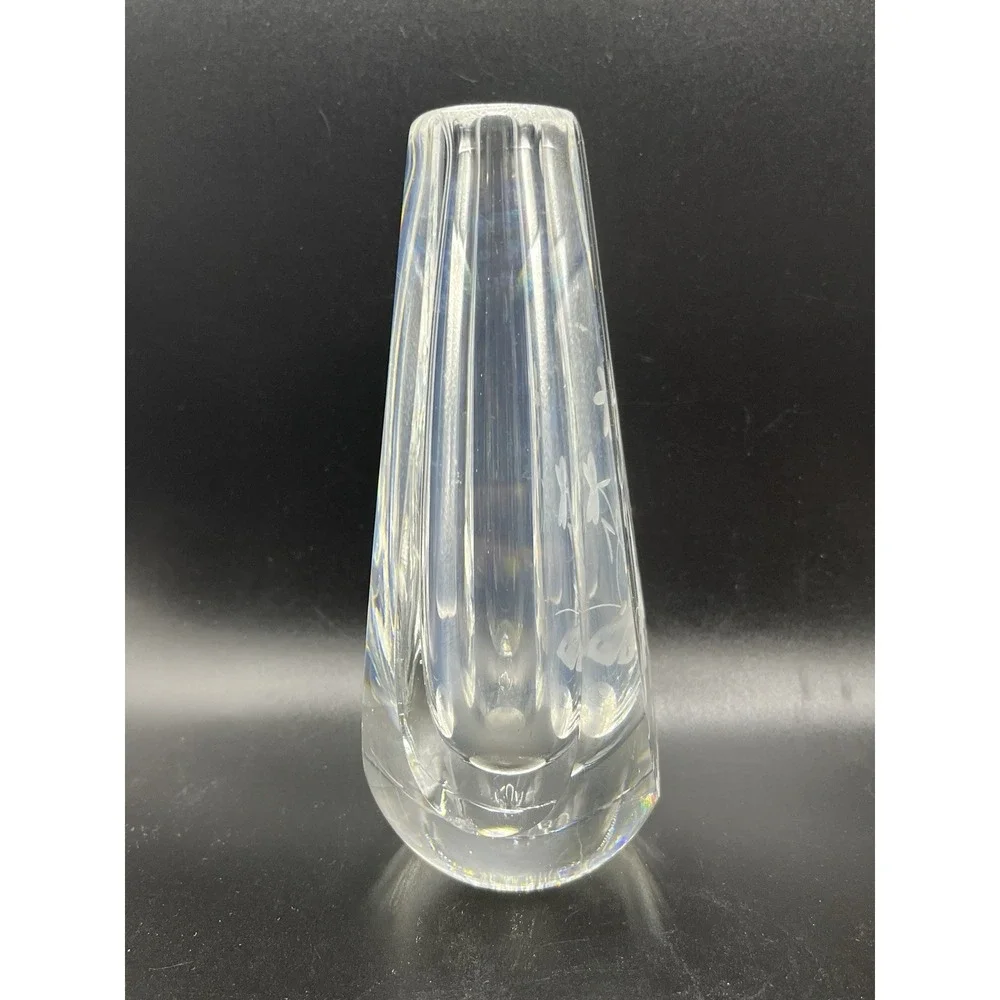 Orrefors Crystal Signed Bud Vase Etched Butterfly & Flowers‎ Design 6
